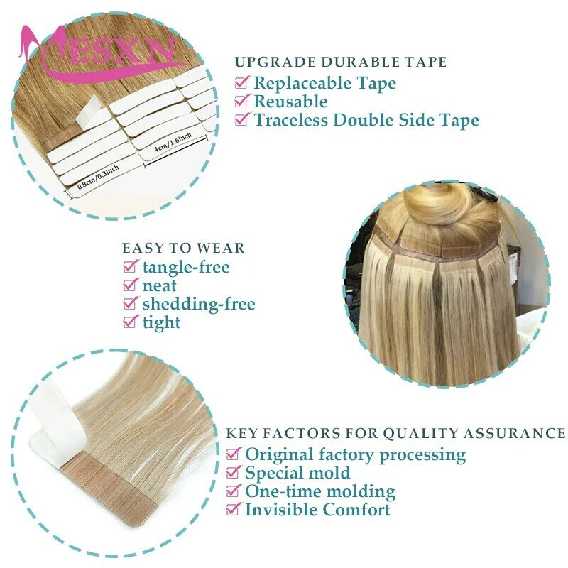 Extensiones de cinta de alta calidad para mujer, 100% cabello humano, trama de piel Invisible de 12 a 22 pulgadas, adhesivo de 613 colores, cabello Natural Real