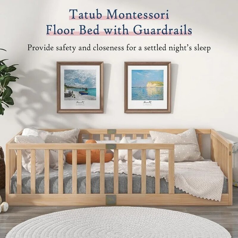 Camas gemelas con rieles de seguridad, camas de piso Montessori para niños, marcos de cama de piso de madera para niños