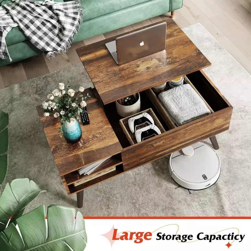 Drewniany stolik kawowy z ukrytą przegrodą i regulowaną półka do przechowywania, stół stołowy do domu