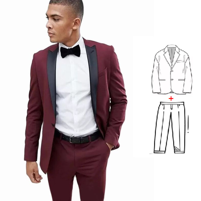 Nieuwste Wedding Suits Voor Mannen Black Satin Revers Bruidsjonkers Smoking Voor Bruiloft Slim Fit Set Prom Party Pak 2 Stuk (Blazer + Broek)
