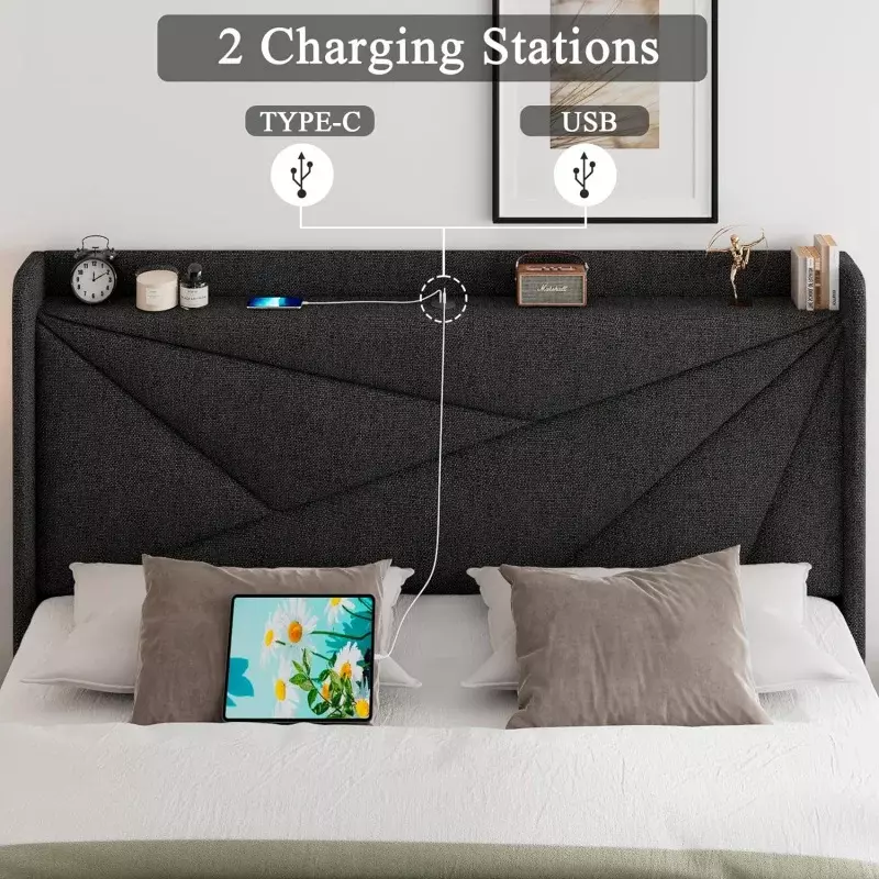 Feonase-Marco de cama de matrimonio con puertos USB tipo C, plataforma tapizada, cabecero de almacenamiento Wingback, madera maciza