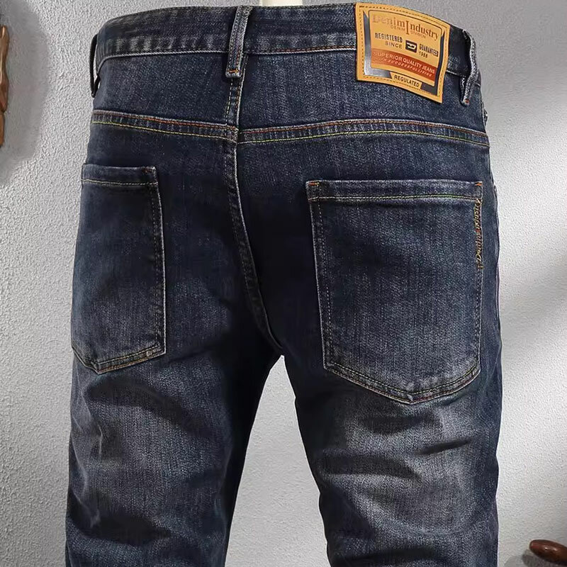 Markowe męskie jeansy wysokiej jakości Retro czarny niebieskie elastyczne Slim Fit dżinsy Vintage mężczyzn na co dzień, modny spodnie dżinsowe Hombre