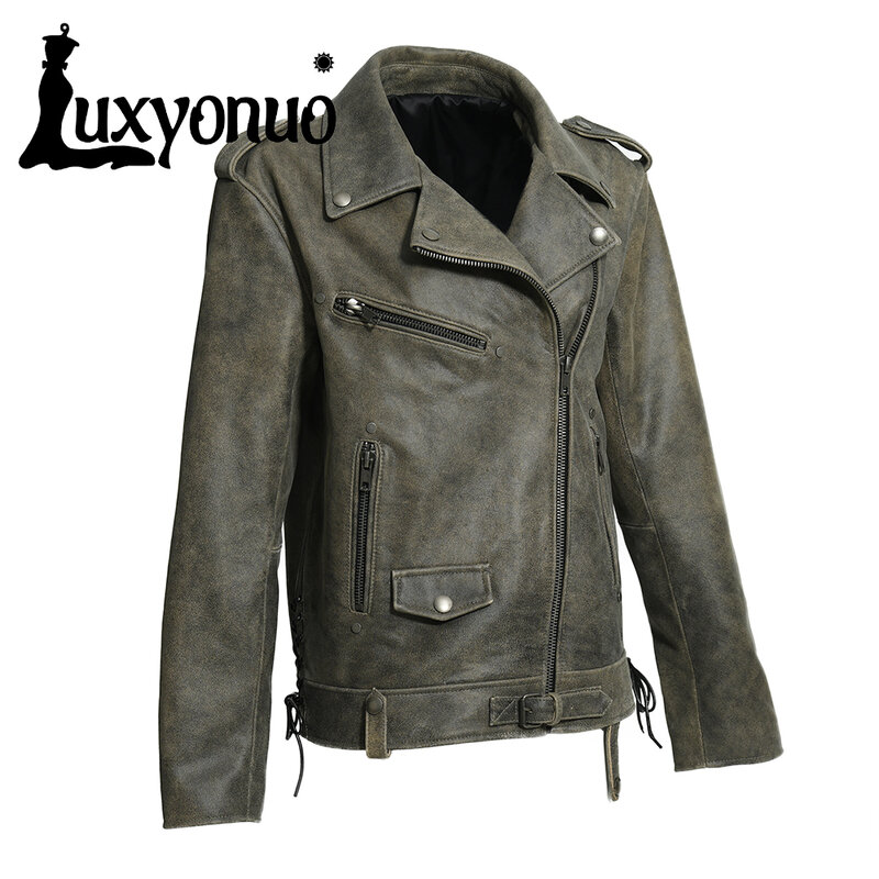 Luxyonuo jaket kulit asli untuk wanita, jaket kulit asli akan datang baru musim semi 2024, jaket longgar modis untuk wanita