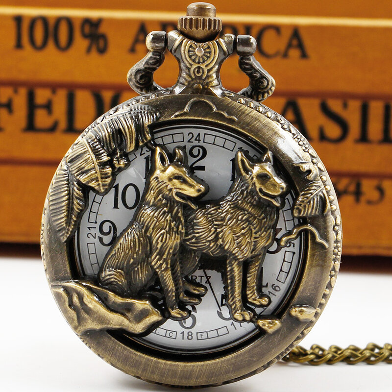 Cool Hound jam tangan saku kuarsa berongga desain anjing serigala jam tangan liontin kalung perunggu antik hadiah Pria Wanita