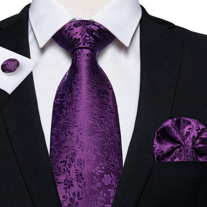Laço de seda floral roxo para homens de luxo pescoço conjunto de gravata acessórios de casamento lenço abotoaduras masculino caixa de presente conjunto atacado