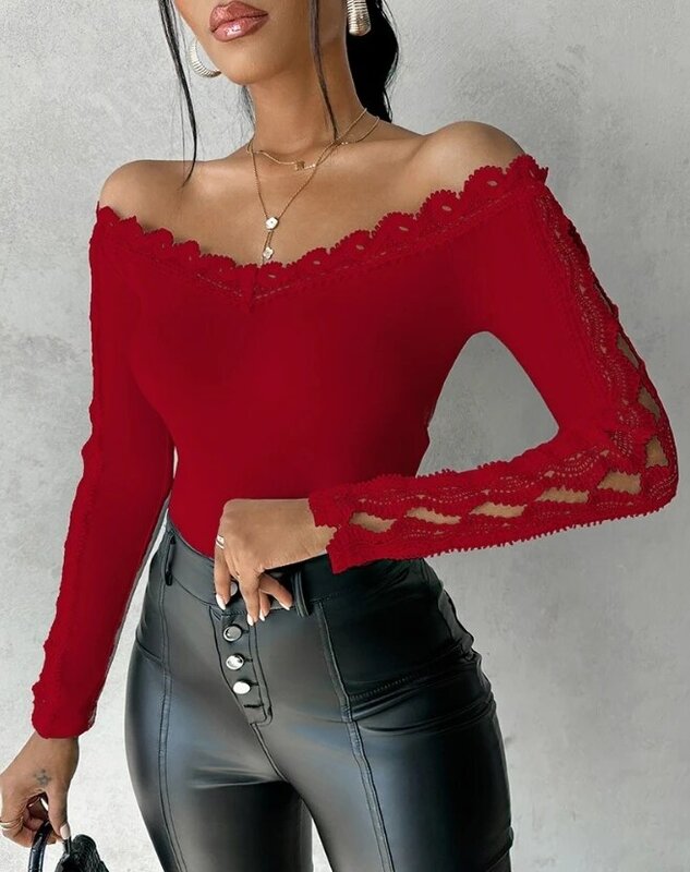 2024 Women's New Summer One Shoulder Slim Fit Top Off The Shoulder Hollow Lace Top