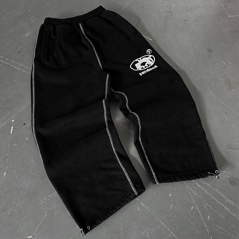 Pantalones de chándal Y2K para hombre, ropa de calle alta bordada, con cordón, informal, de algodón, de gran tamaño, de pierna recta