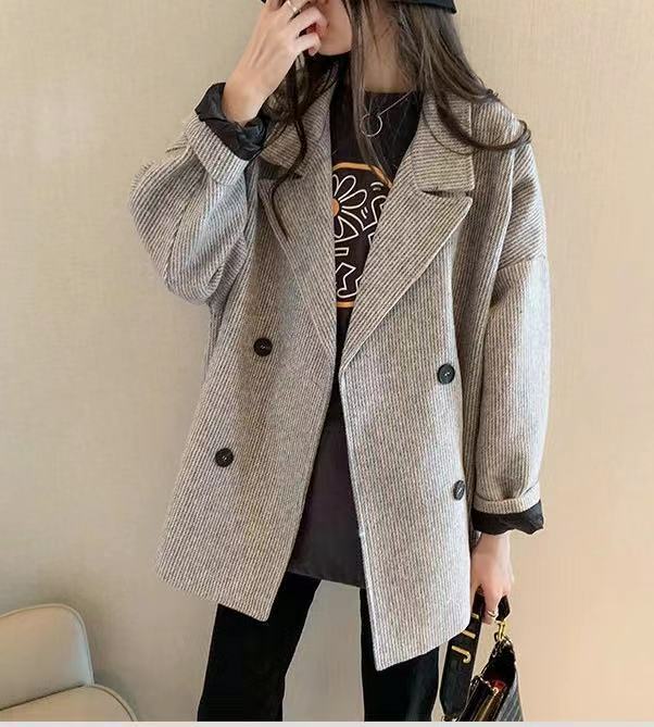 Casaco de lã de comprimento médio feminino, estilo casulo, casaco solto, blusa casual, blazer de estudante, estilo coreano, novo, outono e inverno, 2023