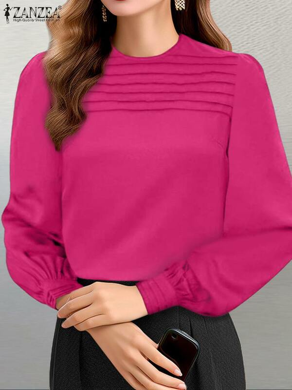 Moda ZANZEA koszula z rękawami typu lampion stylowa impreza jednolity kolor bluzki do pracy w stylu Streetwear plisowane bluzki z okrągłym dekoltem eleganckie bluzy