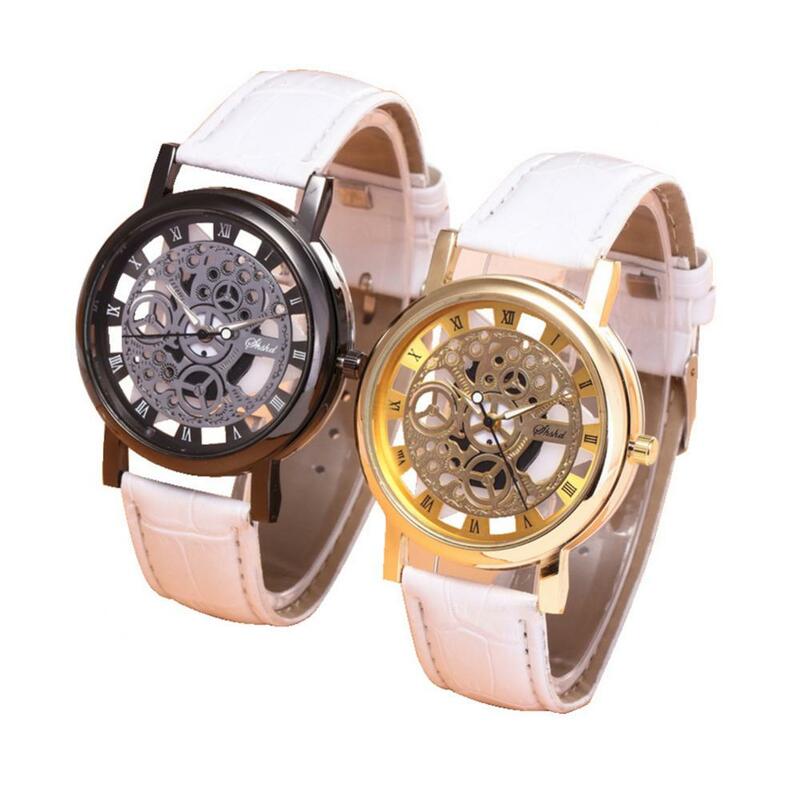 Relógios de aço inoxidável escavados exclusivos para homens e mulheres, relógio vintage, luxo, quartzo, esporte, couro