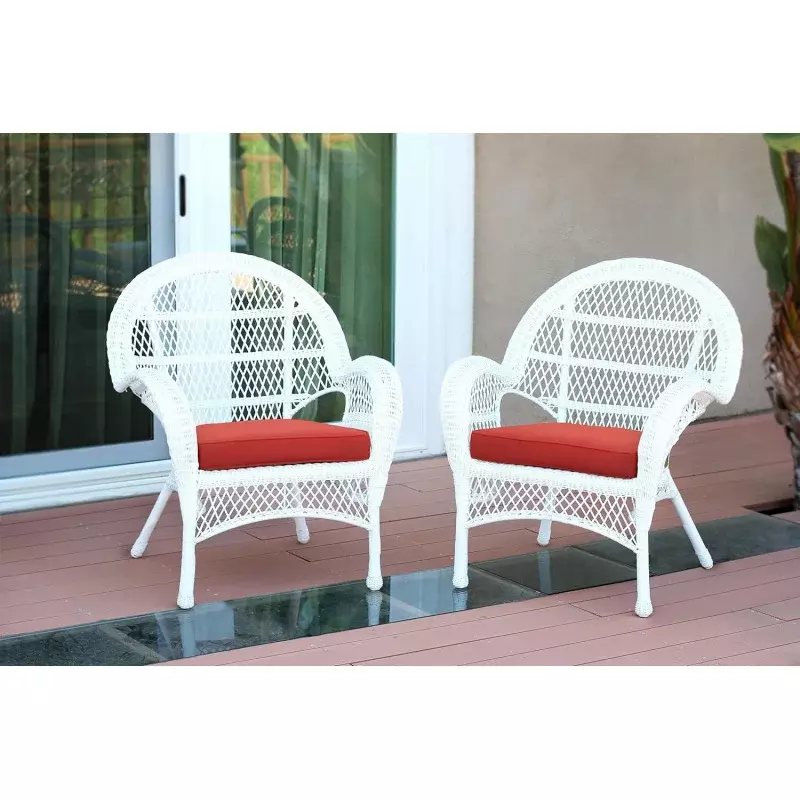 كرسي JECO-wicker مع وسادة حمراء ، مجموعة من 2 كرسي أبيض ، w00209