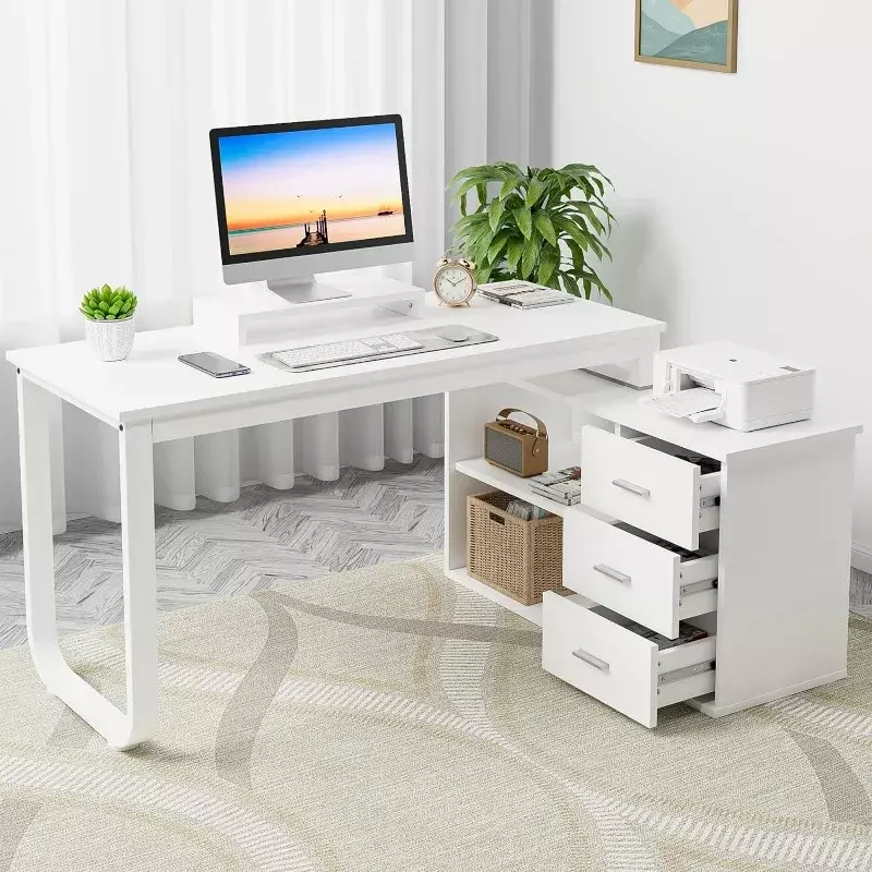 Meja Komputer bentuk L putih dengan laci penyimpanan, meja berbentuk L terbalik 55 inci dengan 2 rak dan dudukan Monitor
