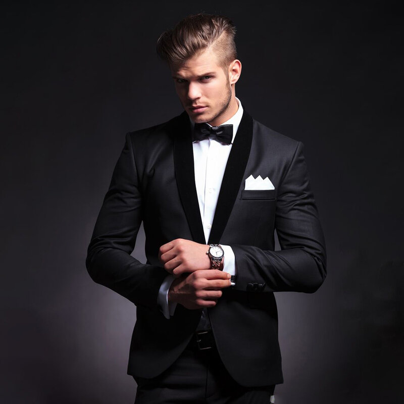 Elegant Suits for Men Fashion Black Shawl Lapel Single Button Blazer Formal Wedding Business Tuxedo Slim 2 Piece (Jacket+Pants)