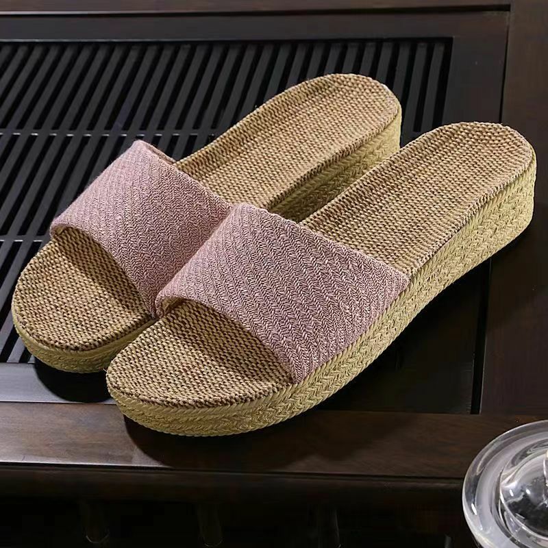 New Women's Summer One Word Wedges Linen Slippers Free Shipping Thick Sole Non Slip Light Breathable Home Casual Slippers