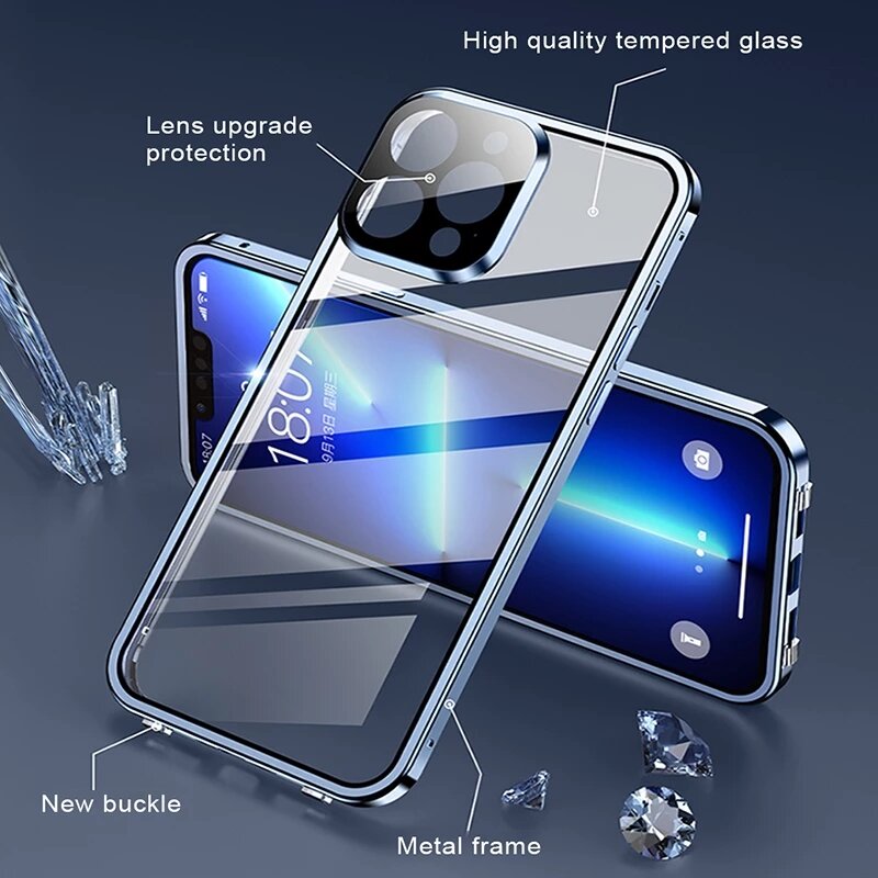 Metal magnético dupla face vidro snap lock caso, 360 ° proteção total, tampa para iPhone 15 Pro Max, 14, 12, 11, 13 Pro Max Plus