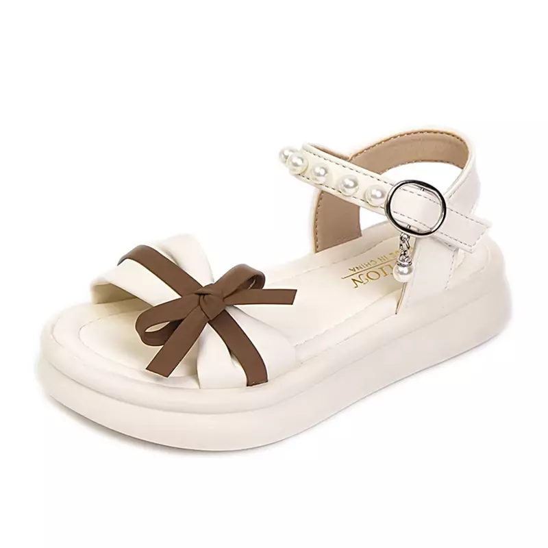 Sandalias de princesa con abalorios para niñas, zapatos de playa suaves para niños, Sandalias planas con colgante de lazo, 2024