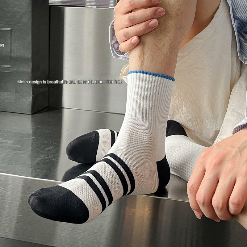 Men's Pure Cotton Striped Sports Socks Breathable Sweat-Absorbent And Anti-Odor Casual Mesh Socks