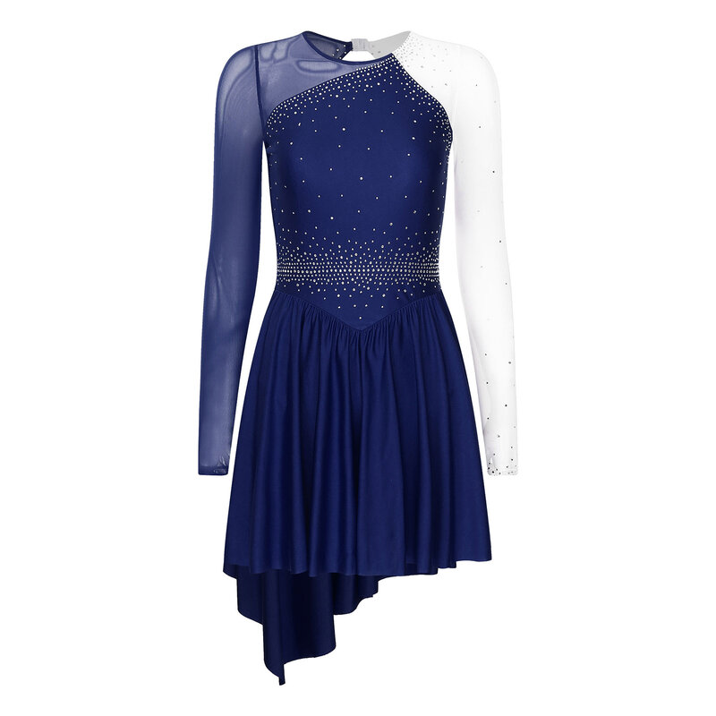 Женское платье с длинным рукавом для фигурного катания, блестящая сетчатая балетная юбка-пачка, ассиметричная Одежда для танцев