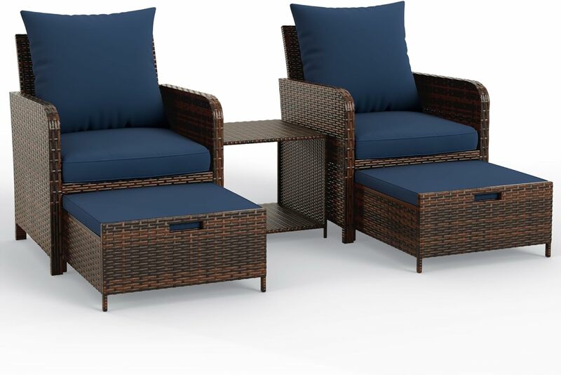 Set furnitur teras 5 buah, kursi rotan percakapan teras luar ruangan dengan meja kopi penyimpanan untuk teras, desain hemat ruang