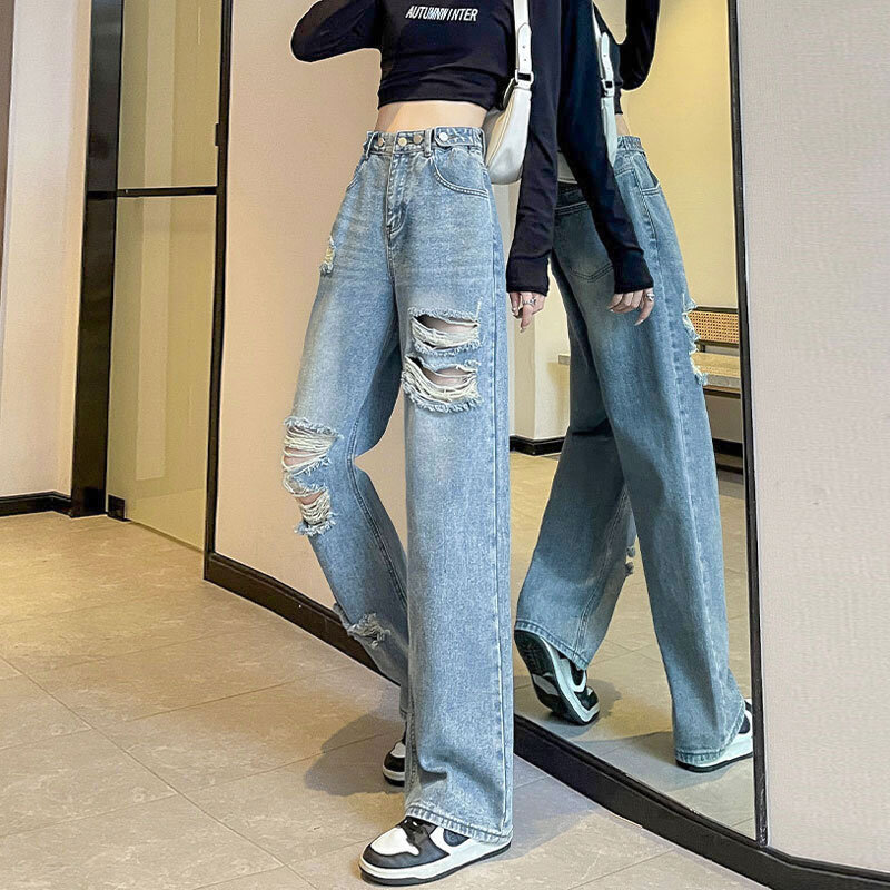 Broken hole jeans female spring 2024 new loose high waist thin narrow version of straight wide-leg pants female spring and fall