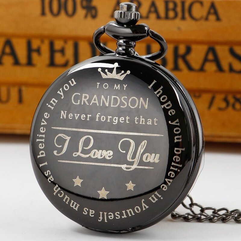 "To My Grandson" Engraved Quartz Pocket Watch Necklace Casual Practical Birthday Gift Souvenir