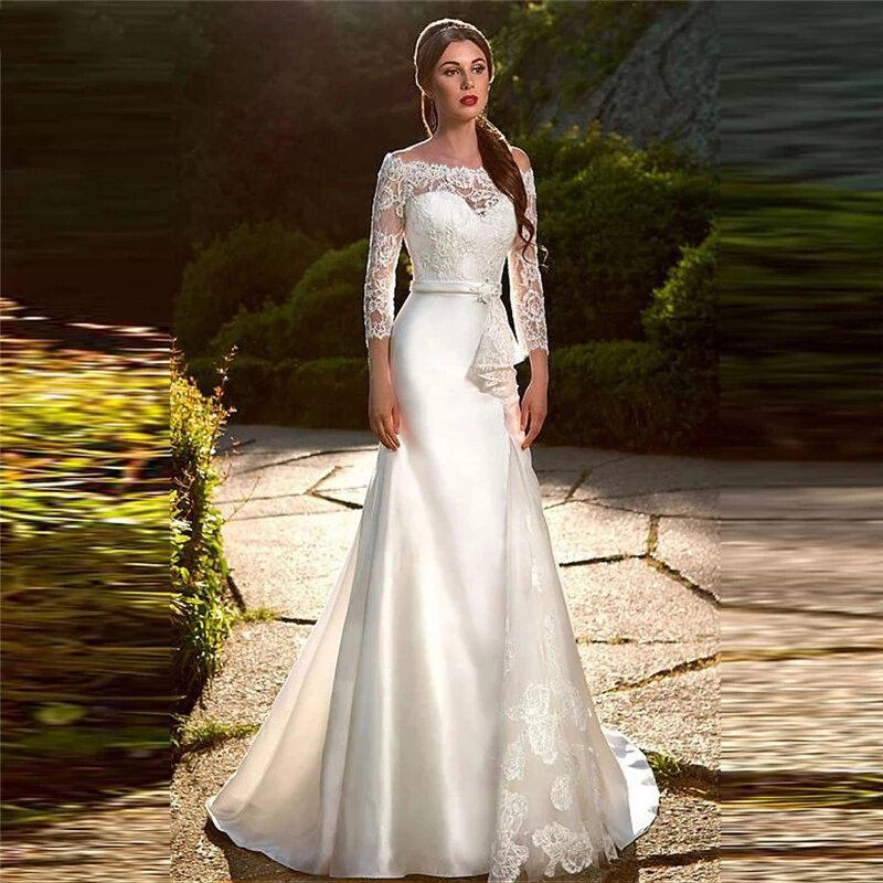2023 Vintage Long Sleeves Lace Mermaid Wedding Dresses For Bride Satin Bridal Gowns ElegantSize Custom Made Vestido Novia Robe