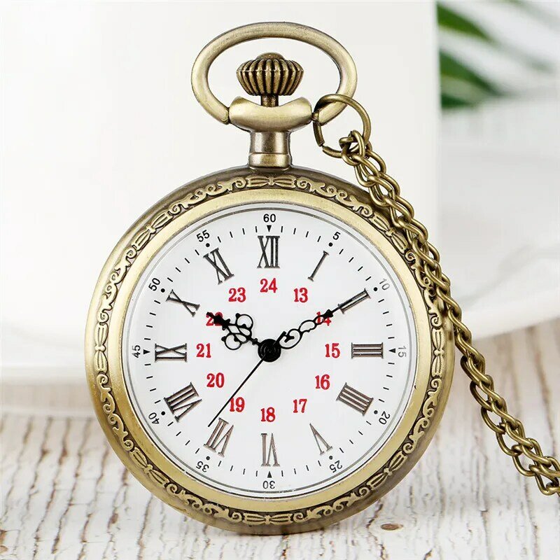 골동품 스타일 시계, 오픈 페이스 시계, 남자 여자 청동 포켓 시계, 로마 숫자 다이얼 목걸이 펜던트 합금 체인