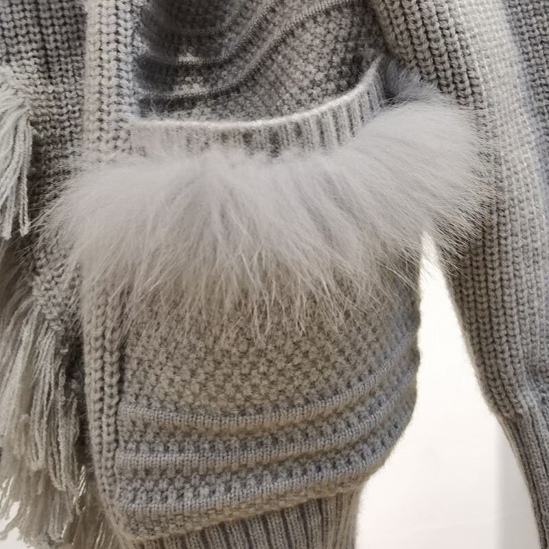 Women Plus Size Real Fox Fur Knitted Coat Female Long Sleeve Winter Fashion Genuine Long Cardigan Outwear Genuine Fur