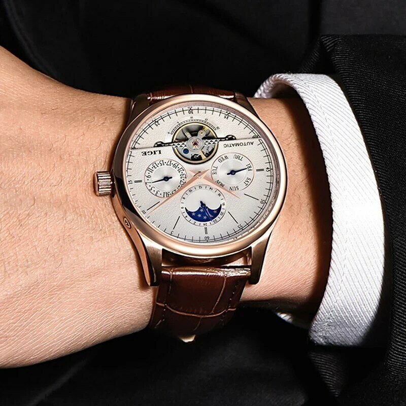 LIGE marka klasyczne Retro męskie zegarki automatyczne mechaniczne zegarek z mechanizmem Tourbillon zegar luksusowe skórzane wodoodporne zegarek wojskowy