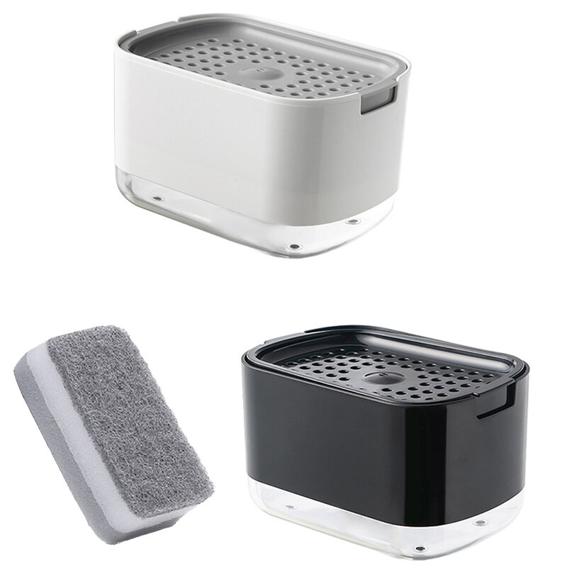 Caixa dispensadora de sabão automática com suporte de esponja, 2 em 1, imprensa manual, detergente, caixa de espuma