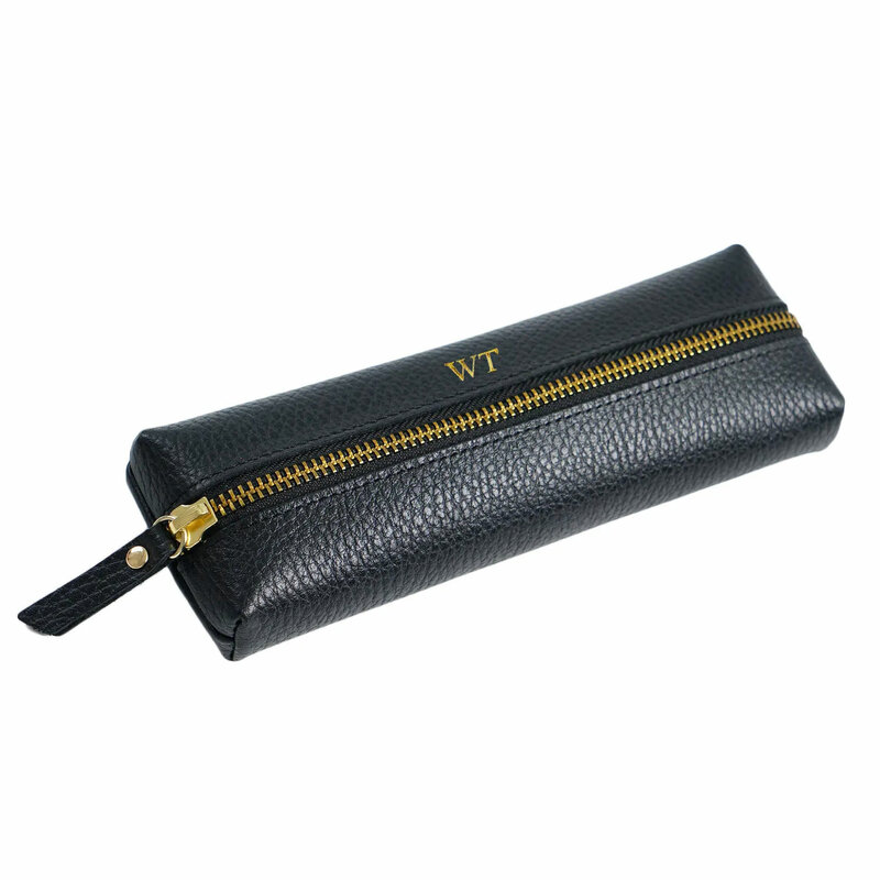 Monogrammed Letters Genuine Pebble Leather Zipper Pen Case Pencil Bag Large Capacity Leather Handmade Creative School Stationary