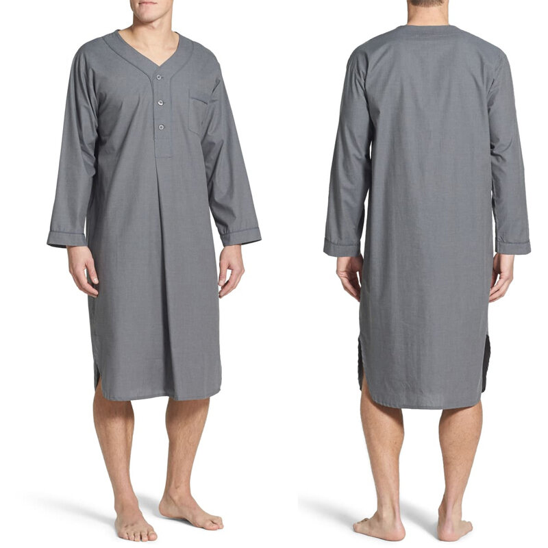 男性用のルーズコットン長袖シャツ,イスラム教徒のドレス,スタンドカラー,透明な生地,快適なナイトウェア,春