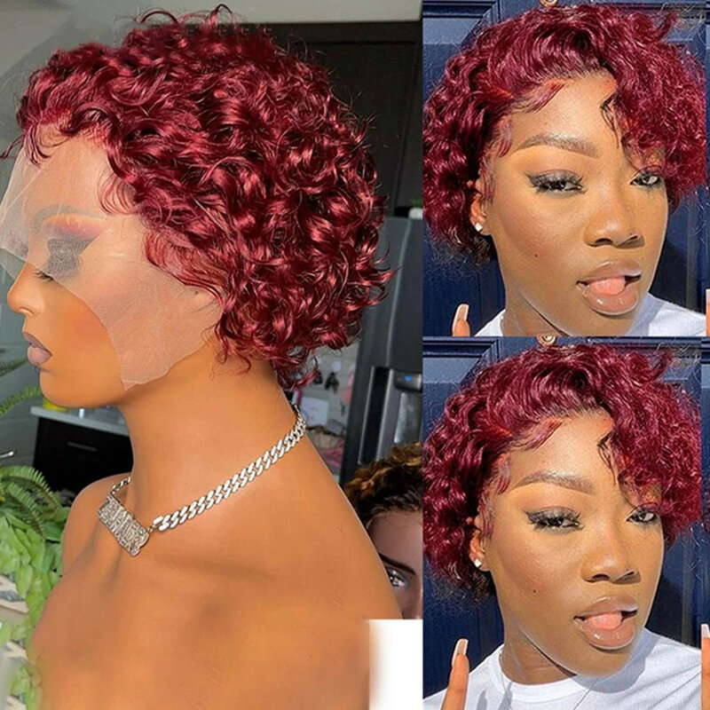 Wig Potongan Pixie 99J Wig Renda Gelombang Dalam Air Merah Anggur Wig Rambut Manusia Bob Pendek Keriting Afro Wig Depan Renda Warna Alami untuk Wanita