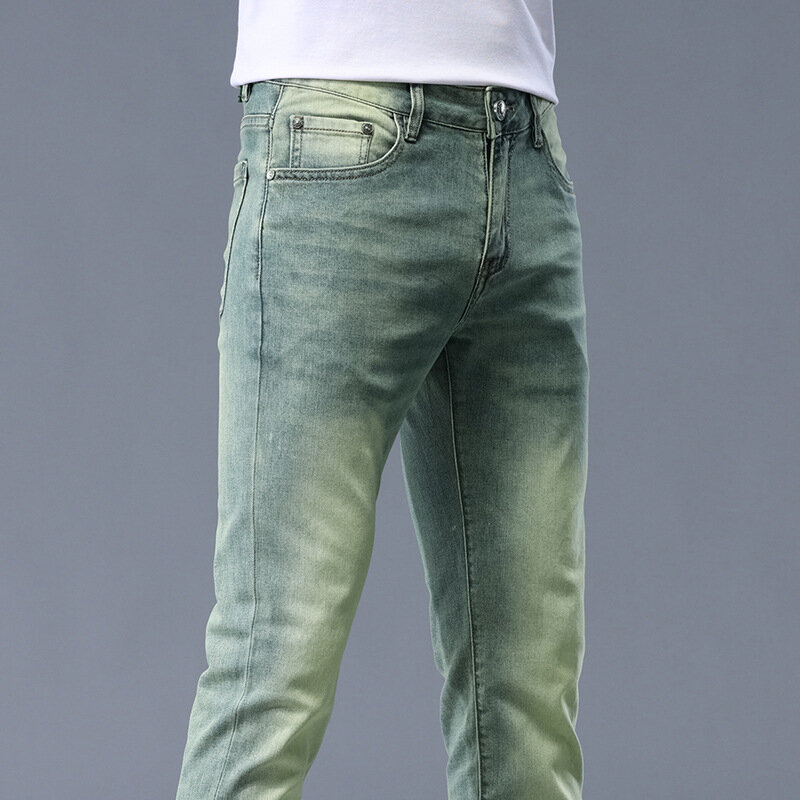 Retro żółte błoto zielone dżinsy męskie lato cienkie 2024 nowe wysokiej klasy odzież męska moda elastyczna spodnie Slim Fit Skinny