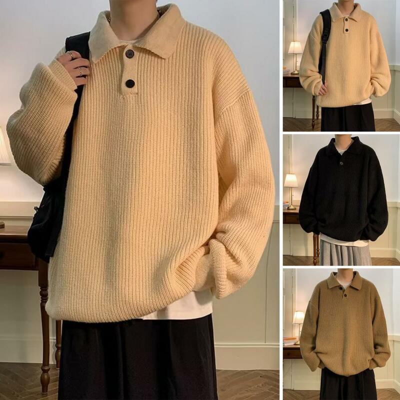 Men Autumn Winter Loose Fit Sweater Lapel Buttons Neckline Long Sleeve Knitting Tops Solid Color Warm Knitwear