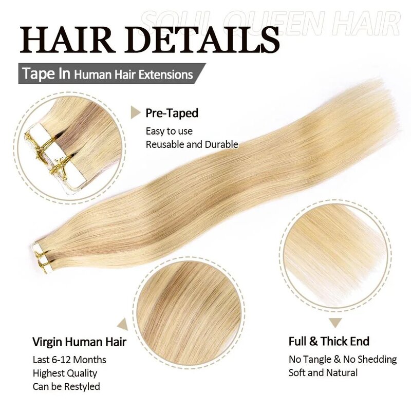 Tape in Hair Extensions Real Human Hair Ash Blonde and Blonde 18/22/60 PU Tape in Human Hair Extensions Ombre Blonde 20/40Pcs