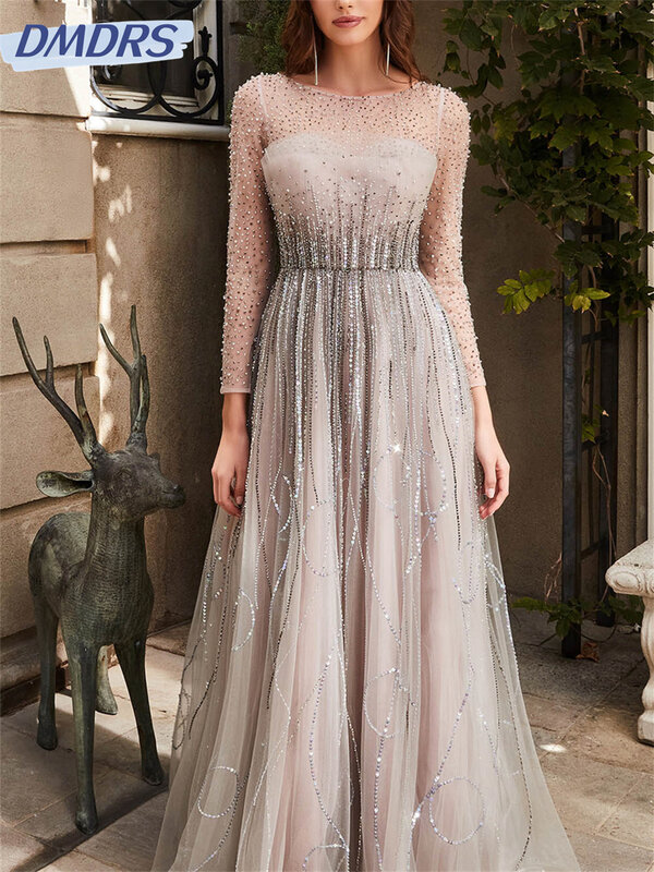 Elegant Long-Sleeve Beaded Bridal Gown 2024 Luxurious Sequined Evening Gowns Stately Floor-Length  Dress Vestidos De Novia