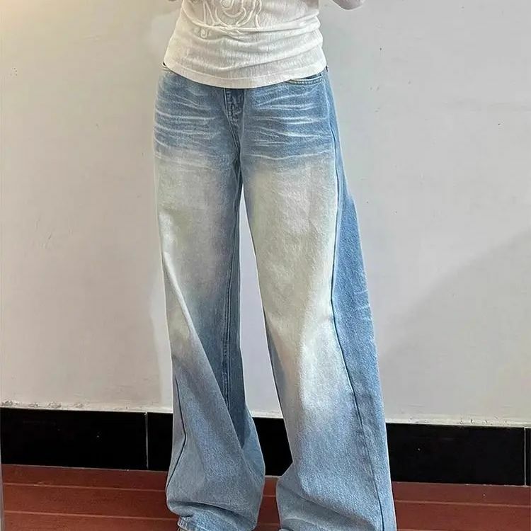Jeansy niebieskie z wysokim stanem letnie damskie workowate na co dzień w stylu Vintage z wyczuciem proste spodnie Y2K Street American szerokie nogawki dżinsowe spodnie