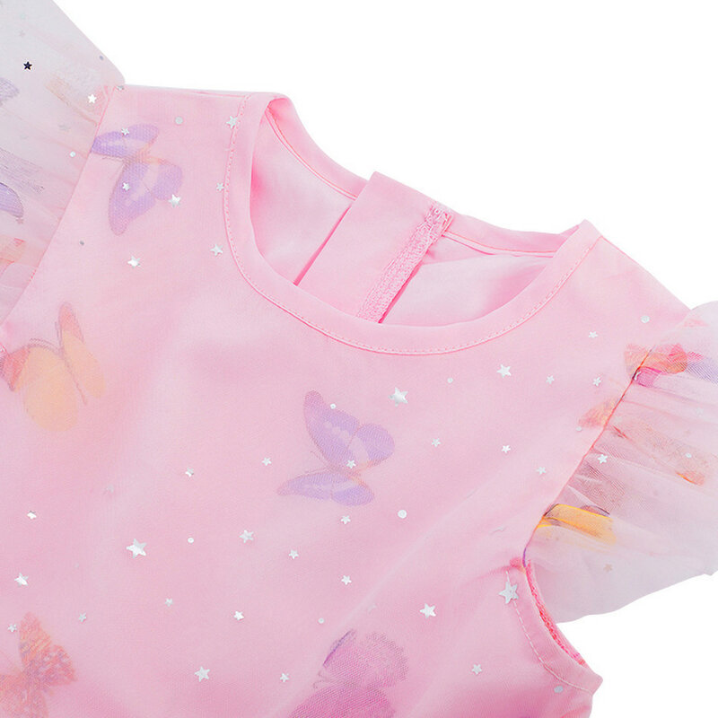 Girls Dresses Children Clothing Pink Butterfly Printed Little Flying Sleeves Girls Princess Dress Girl Birthday Gift 3-8Y