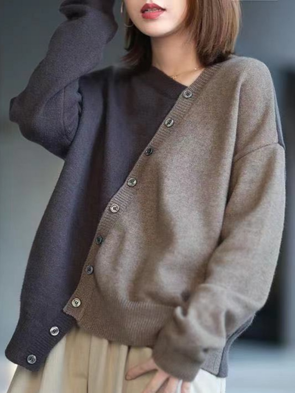 Asymmetrical Patchwork Knitted Women Sweater Cardigan Winter Vintage 2022 V-Neck Loose Casual Female Outwear Coats Tops