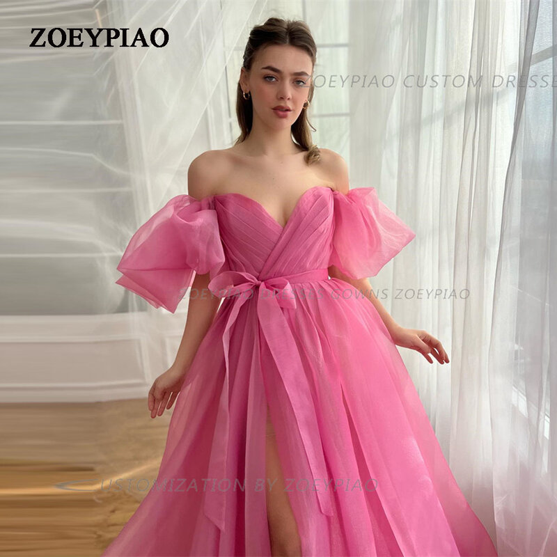 Różowa Organza A linia suknie balowe krótkie rękawy kobiety bez ramion suknie wieczorowe z kokardą sukienka na formalną imprezę