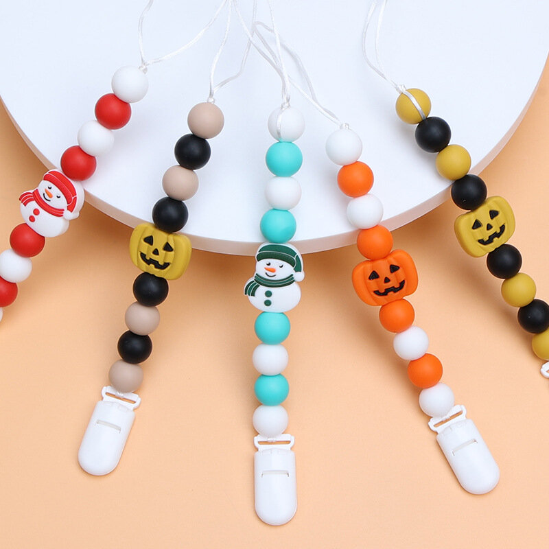 Cadena de chupete de silicona para bebé, Clips de calabaza, soporte para dentición, juego de mordedores, regalo de Halloween