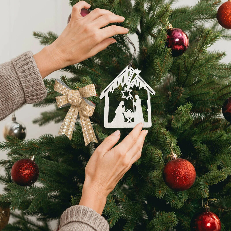 Colgante de Adviento de Jesús de Navidad, candelabro de madera con forma de casa, adornos de árbol de Natividad para decoraciones de Festival de vacaciones