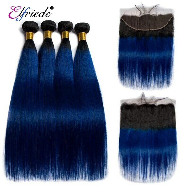 Elfriede #T1B/Blue Straight Ombre Colored Hair Bundles with Frontal Remy 100% Human Hair Weaves 3 Bundles with Lace Frontal 13x4