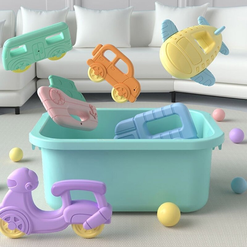 Giocattolo multiuso a sonaglio per allattamento a forma di veicolo massaggiagengive materiale alimentare giocattolo sensoriale Macaron-color