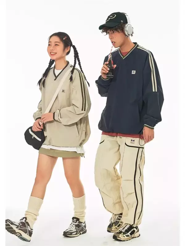 QWEEK-sudaderas Vintage Y2K para mujer, Sudadera con capucha de béisbol Gorpcore Retro americano, de gran tamaño, de secado rápido, jersey con cuello en V de estilo coreano
