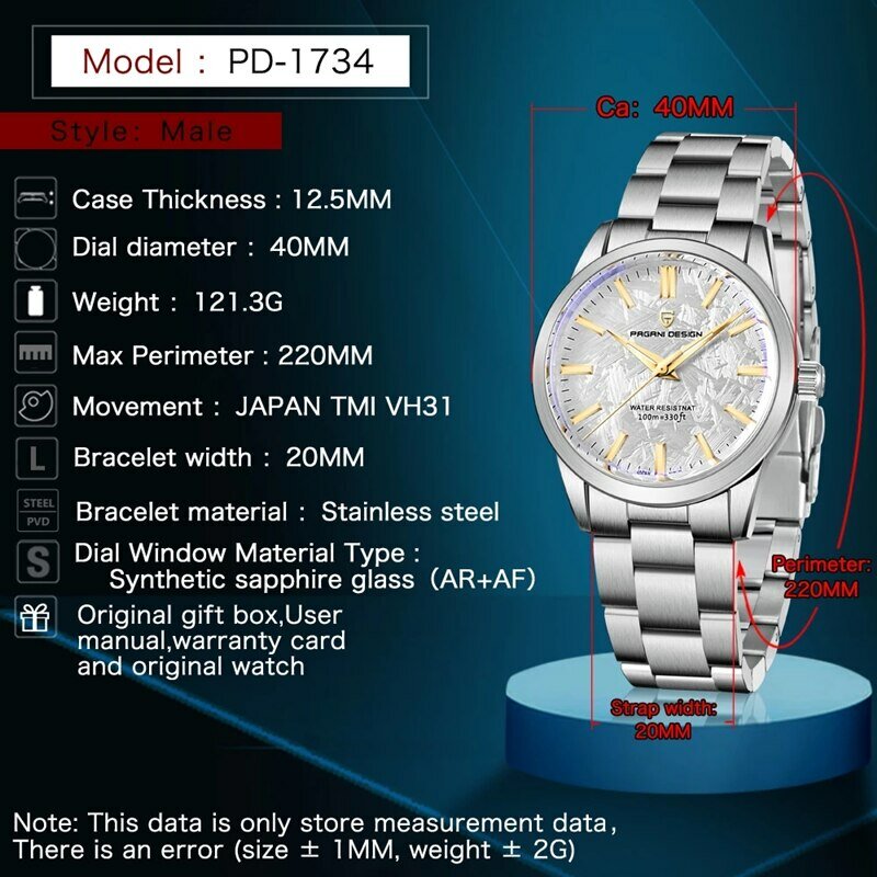 PAGANI DESIGN-reloj analógico de acero inoxidable para hombre, accesorio de pulsera de cuarzo resistente al agua 100M con zafiro 316L, complemento masculino de negocios de lujo, TMI VH31, 40MM