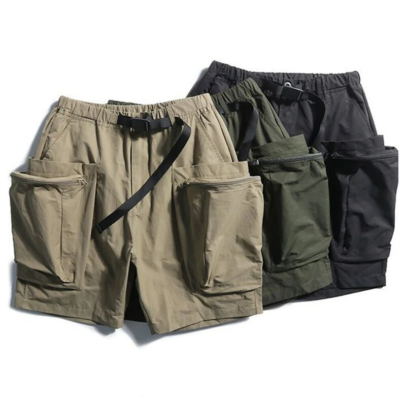 Celana panjang selutut olahraga pria, celana pendek gaya Safari desain sabuk Vintage musim semi dan panas 2023