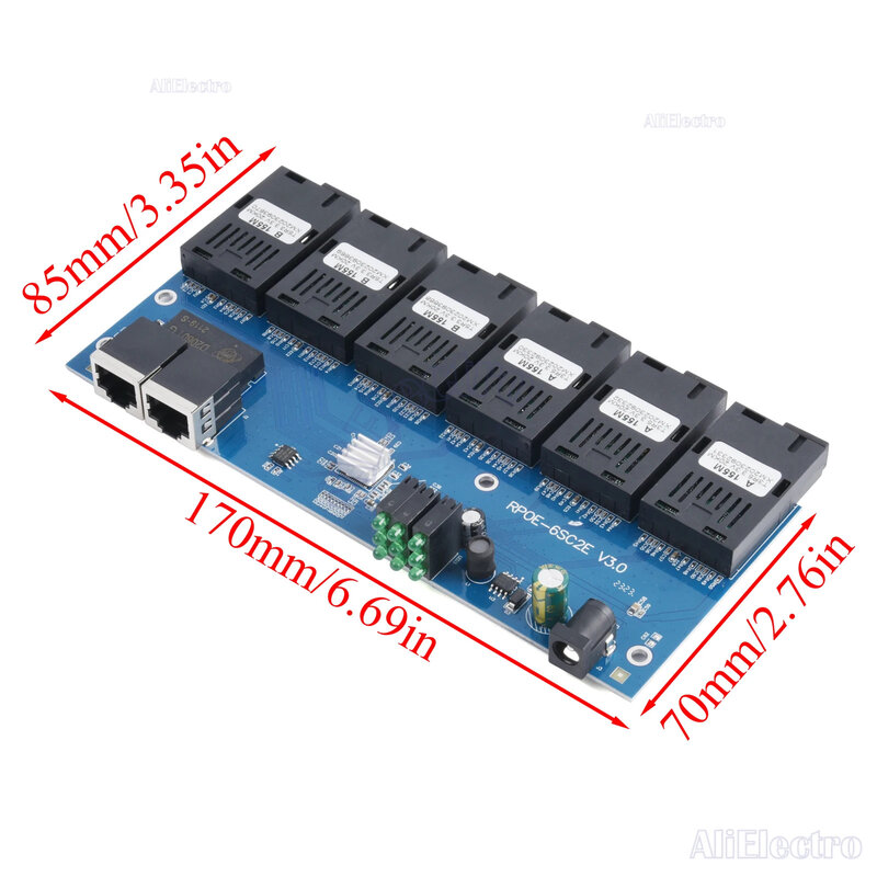 Convertitore multimediale in fibra da 2 RJ45 a 6 porte SC 10M/100M PCBA Board connettore ottico 1310nm/1550nm 3A + 3B Switch Ethernet da 20KM