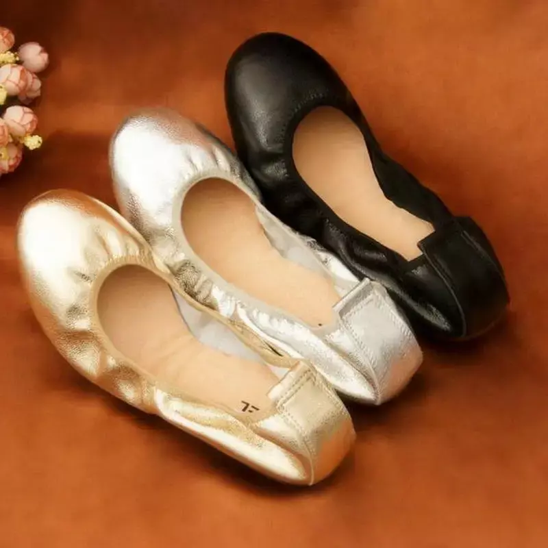 Женские кожаные туфли Genine, золотистые/Серебристые лоферы с закрытым носком и круглым носком, балетки на плоской подошве, размеры 43, для весны и осени